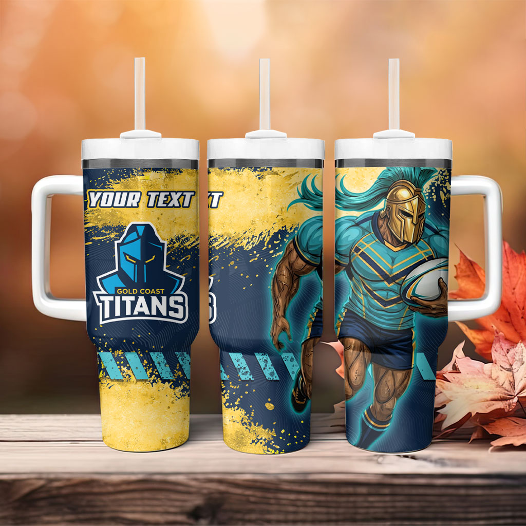 Personalised Gold Coast Titans Rugby Tumbler With Handle Titans Mascot - Sporty Splash Art Style