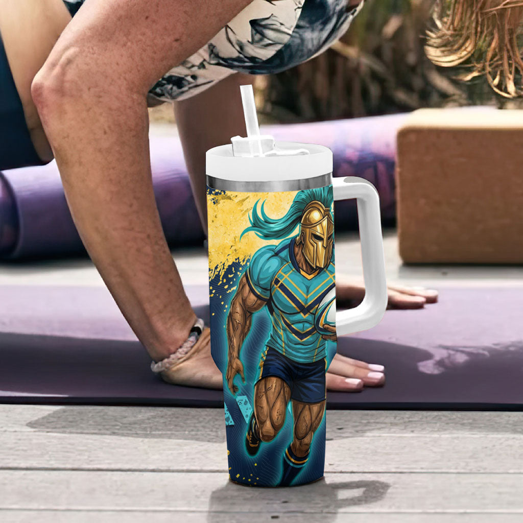 Personalised Gold Coast Titans Rugby Tumbler With Handle Titans Mascot - Sporty Splash Art Style