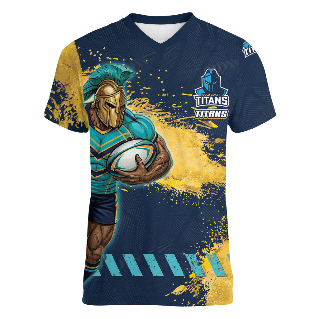 Personalised Gold Coast Titans Rugby Women V-Neck T-Shirt Titans Mascot - Sporty Splash Art Style