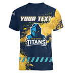 Personalised Gold Coast Titans Rugby Women V-Neck T-Shirt Titans Mascot - Sporty Splash Art Style