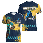 Personalised Gold Coast Titans Rugby Women V-Neck T-Shirt Titans Mascot - Sporty Splash Art Style
