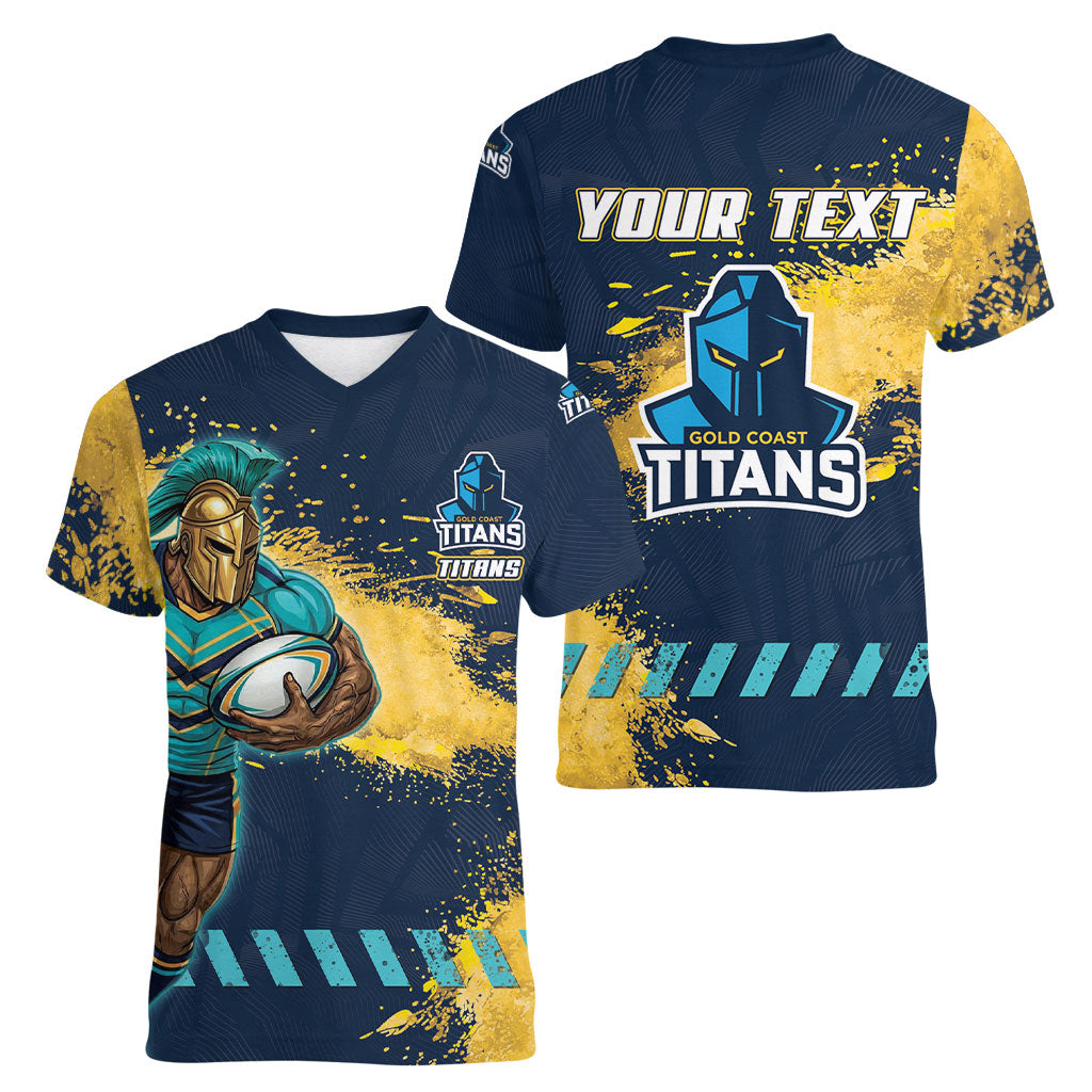 Personalised Gold Coast Titans Rugby Women V-Neck T-Shirt Titans Mascot - Sporty Splash Art Style
