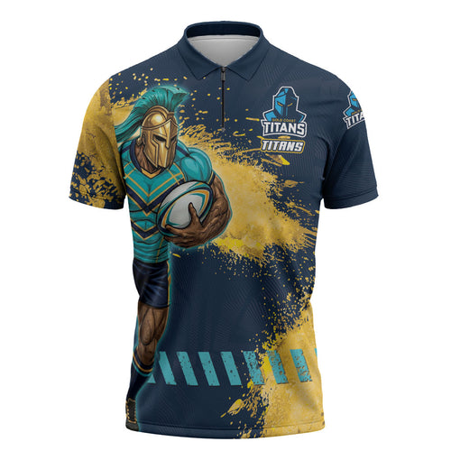 Personalised Gold Coast Titans Rugby Zipper Polo Shirt Titans Mascot - Sporty Splash Art Style