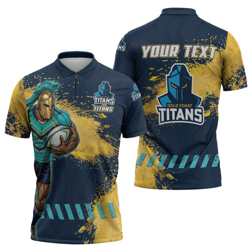 Personalised Gold Coast Titans Rugby Zipper Polo Shirt Titans Mascot - Sporty Splash Art Style