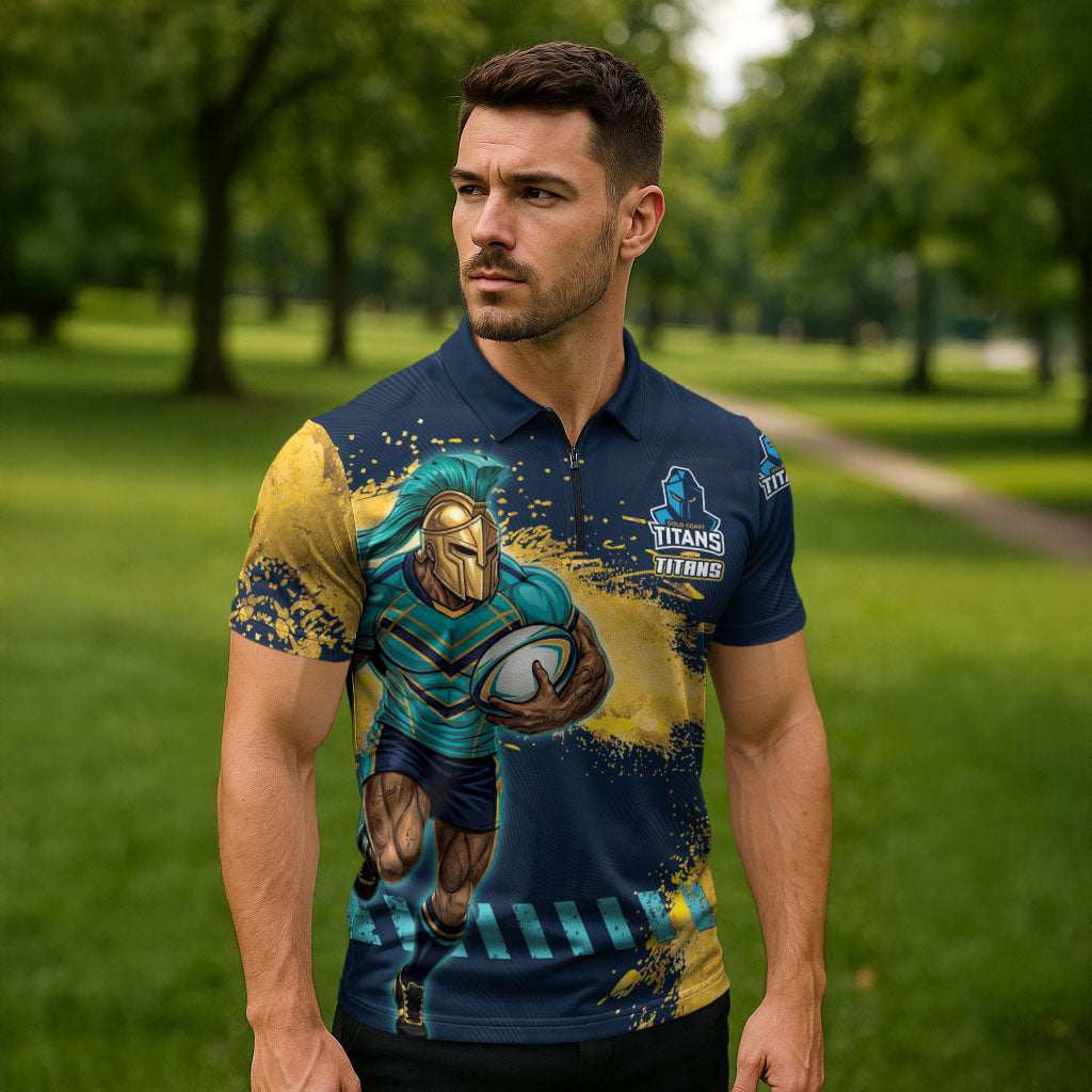 Personalised Gold Coast Titans Rugby Zipper Polo Shirt Titans Mascot - Sporty Splash Art Style