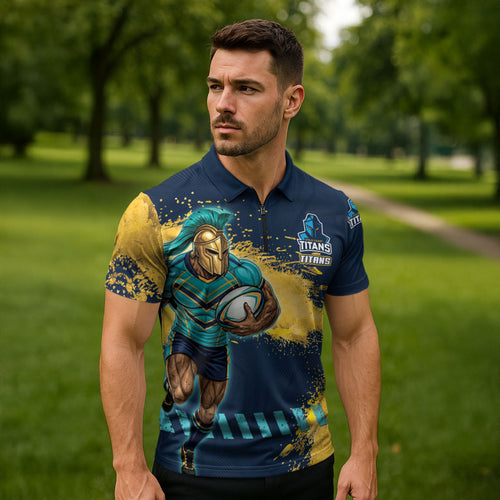 Personalised Gold Coast Titans Rugby Zipper Polo Shirt Titans Mascot - Sporty Splash Art Style