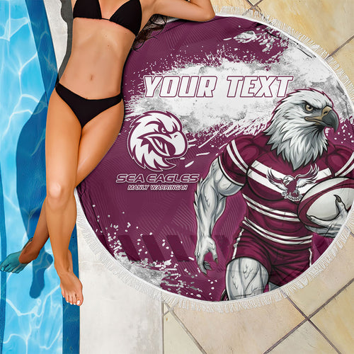 Personalised Manly Warringah Sea Eagles Rugby Beach Blanket MAN Mascot - Sporty Splash Art Style