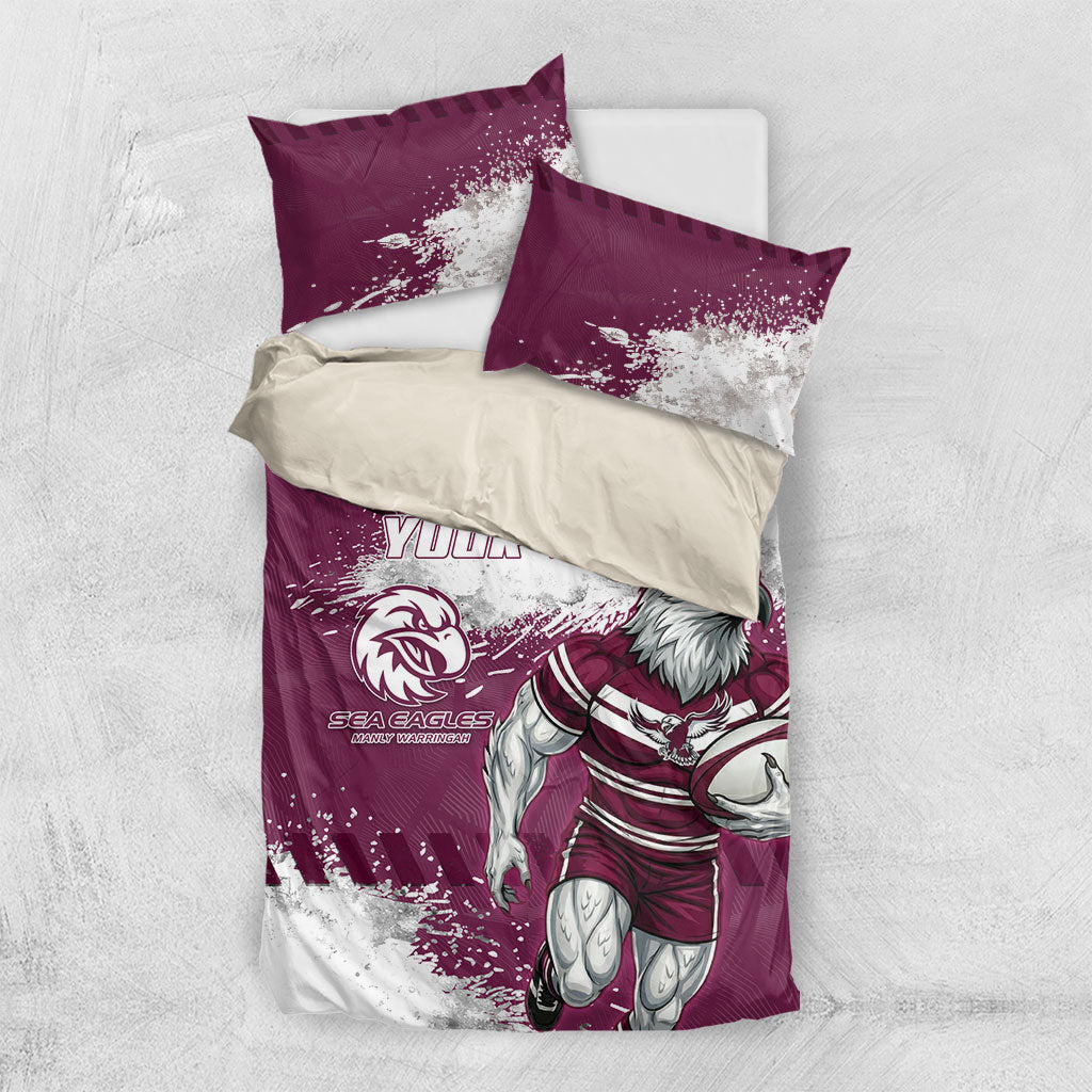 Personalised Manly Warringah Sea Eagles Rugby Bedding Set MAN Mascot - Sporty Splash Art Style