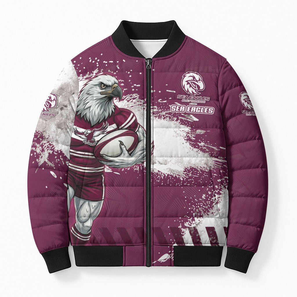 Personalised Manly Warringah Sea Eagles Rugby Bomber Puffer Jacket MAN Mascot - Sporty Splash Art Style