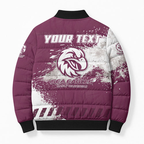 Personalised Manly Warringah Sea Eagles Rugby Bomber Puffer Jacket MAN Mascot - Sporty Splash Art Style