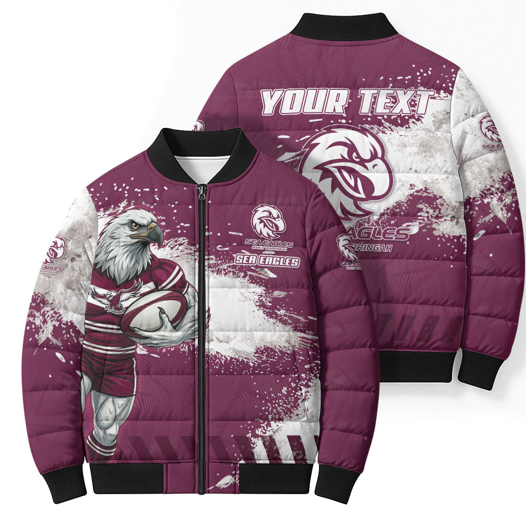 Personalised Manly Warringah Sea Eagles Rugby Bomber Puffer Jacket MAN Mascot - Sporty Splash Art Style