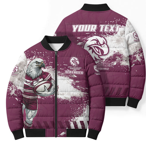 Personalised Manly Warringah Sea Eagles Rugby Bomber Puffer Jacket MAN Mascot - Sporty Splash Art Style