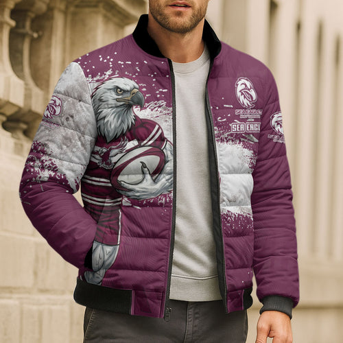 Personalised Manly Warringah Sea Eagles Rugby Bomber Puffer Jacket MAN Mascot - Sporty Splash Art Style