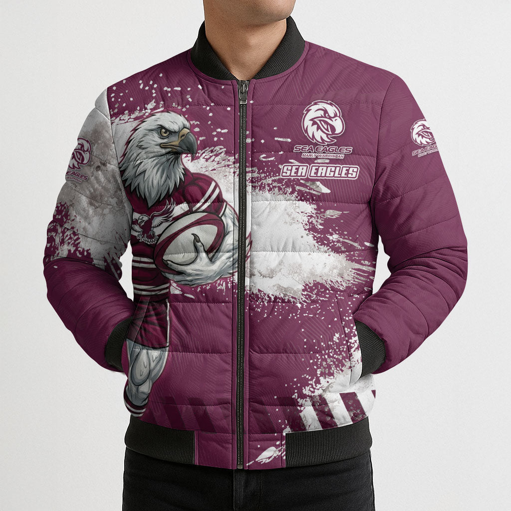 Personalised Manly Warringah Sea Eagles Rugby Bomber Puffer Jacket MAN Mascot - Sporty Splash Art Style