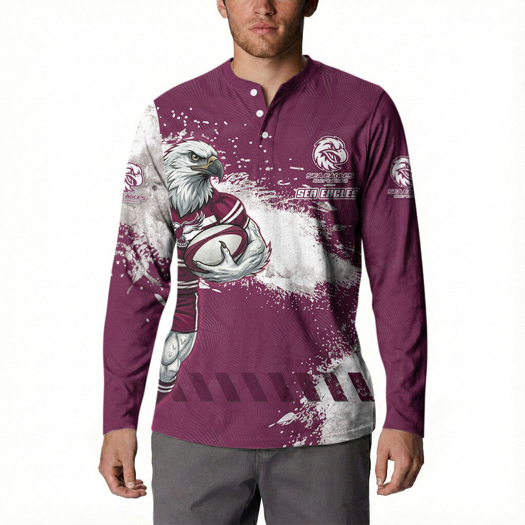 Personalised Manly Warringah Sea Eagles Rugby Button Sweatshirt MAN Mascot - Sporty Splash Art Style