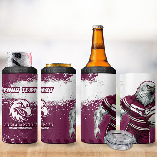 Personalised Manly Warringah Sea Eagles Rugby 4 in 1 Can Cooler Tumbler MAN Mascot - Sporty Splash Art Style
