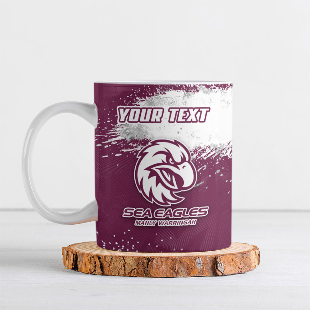 Personalised Manly Warringah Sea Eagles Rugby Ceramic Mug MAN Mascot - Sporty Splash Art Style
