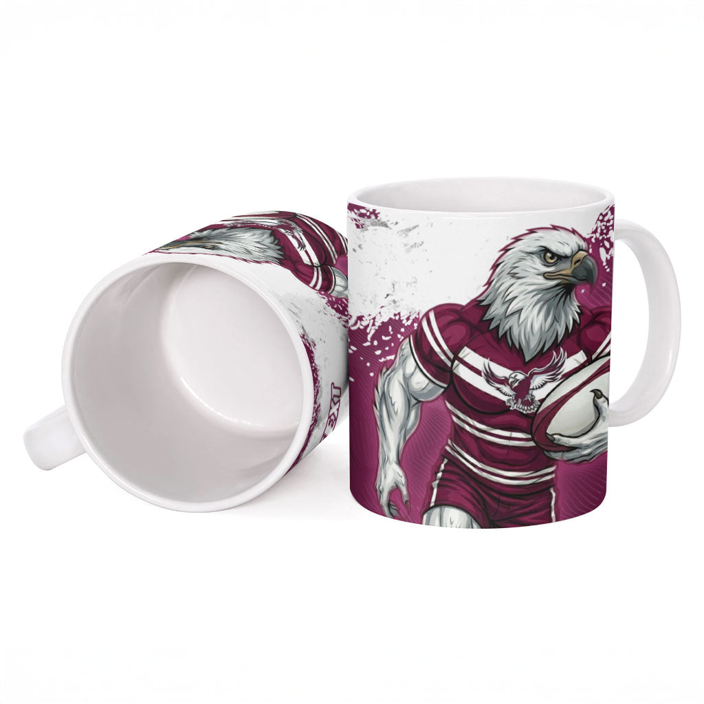 Personalised Manly Warringah Sea Eagles Rugby Ceramic Mug MAN Mascot - Sporty Splash Art Style