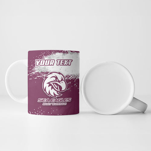 Personalised Manly Warringah Sea Eagles Rugby Ceramic Mug MAN Mascot - Sporty Splash Art Style