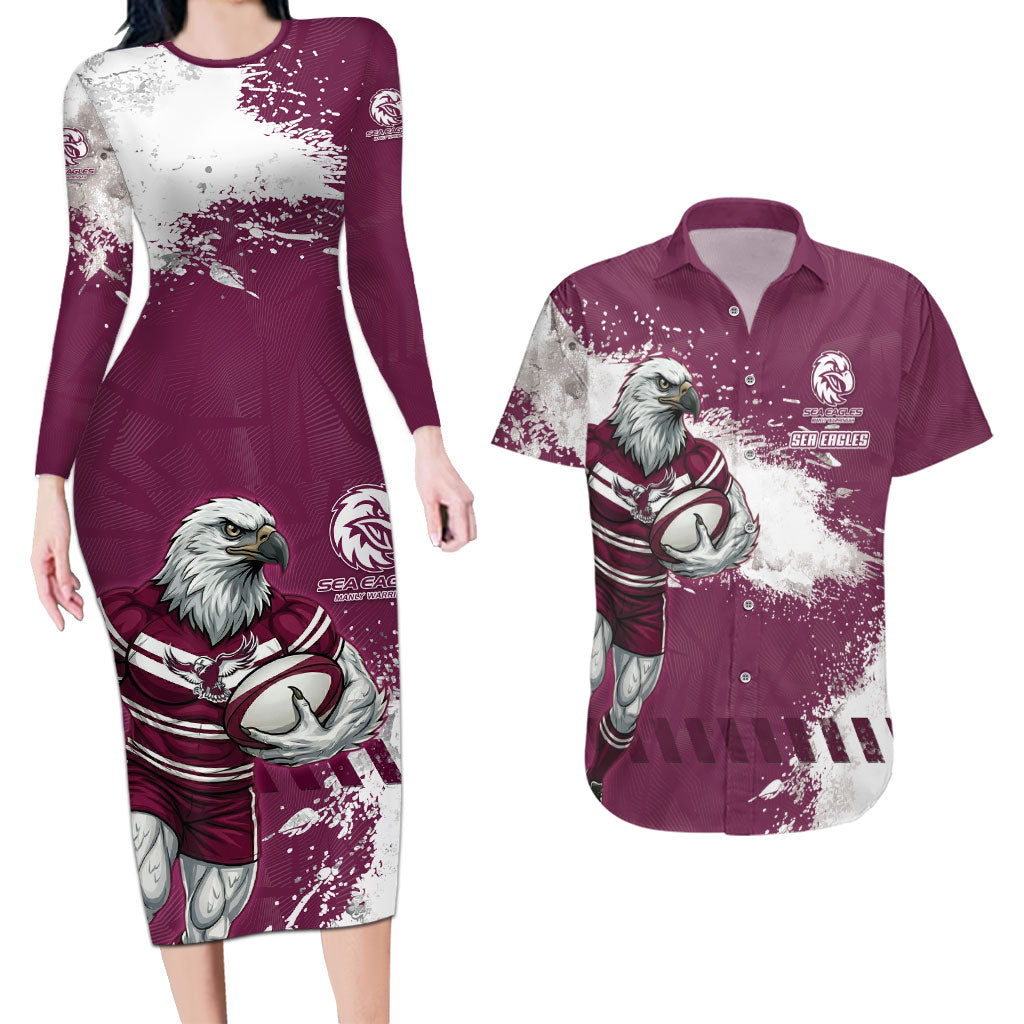 Personalised Manly Warringah Sea Eagles Rugby Couples Matching Long Sleeve Bodycon Dress and Hawaiian Shirt MAN Mascot - Sporty Splash Art Style