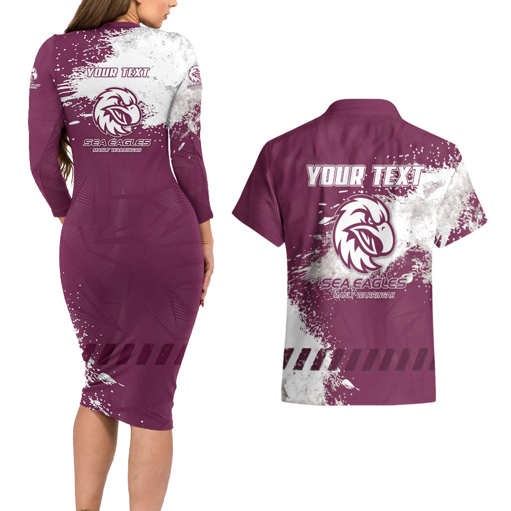 Personalised Manly Warringah Sea Eagles Rugby Couples Matching Long Sleeve Bodycon Dress and Hawaiian Shirt MAN Mascot - Sporty Splash Art Style