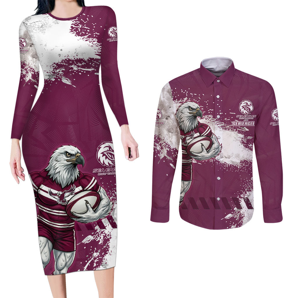 Personalised Manly Warringah Sea Eagles Rugby Couples Matching Long Sleeve Bodycon Dress and Long Sleeve Button Shirt MAN Mascot - Sporty Splash Art Style