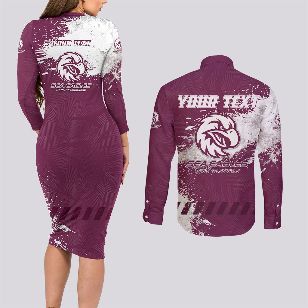 Personalised Manly Warringah Sea Eagles Rugby Couples Matching Long Sleeve Bodycon Dress and Long Sleeve Button Shirt MAN Mascot - Sporty Splash Art Style