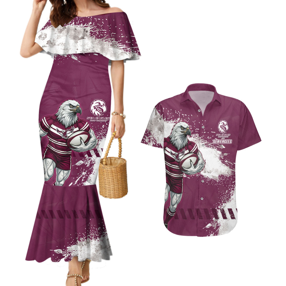 Personalised Manly Warringah Sea Eagles Rugby Couples Matching Mermaid Dress and Hawaiian Shirt MAN Mascot - Sporty Splash Art Style
