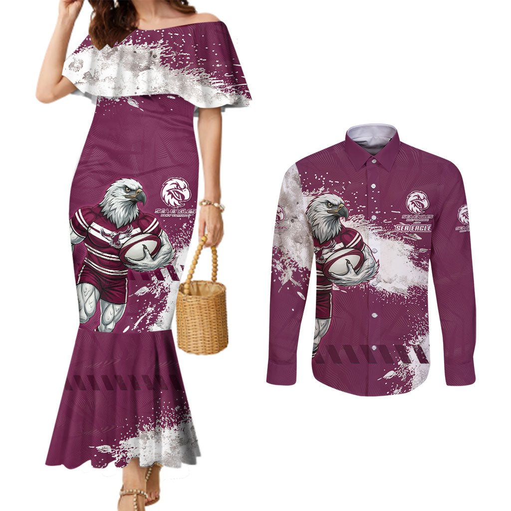Personalised Manly Warringah Sea Eagles Rugby Couples Matching Mermaid Dress and Long Sleeve Button Shirt MAN Mascot - Sporty Splash Art Style