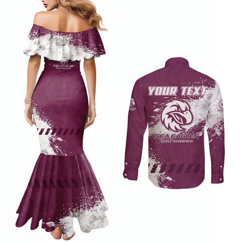 Personalised Manly Warringah Sea Eagles Rugby Couples Matching Mermaid Dress and Long Sleeve Button Shirt MAN Mascot - Sporty Splash Art Style