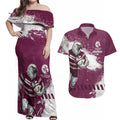 Personalised Manly Warringah Sea Eagles Rugby Couples Matching Off Shoulder Maxi Dress and Hawaiian Shirt MAN Mascot - Sporty Splash Art Style
