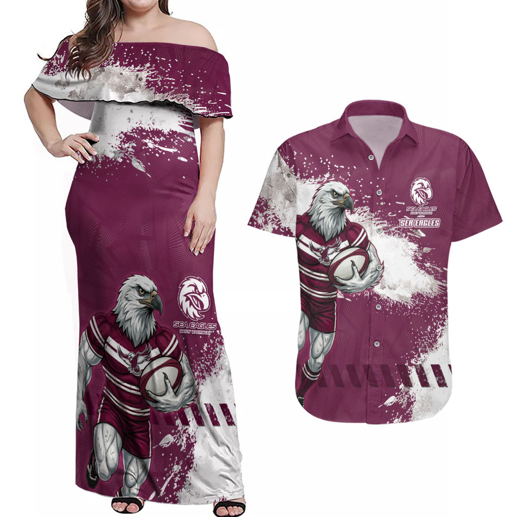 Personalised Manly Warringah Sea Eagles Rugby Couples Matching Off Shoulder Maxi Dress and Hawaiian Shirt MAN Mascot - Sporty Splash Art Style