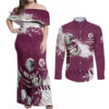 Personalised Manly Warringah Sea Eagles Rugby Couples Matching Off Shoulder Maxi Dress and Long Sleeve Button Shirt MAN Mascot - Sporty Splash Art Style