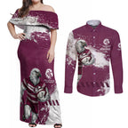 Personalised Manly Warringah Sea Eagles Rugby Couples Matching Off Shoulder Maxi Dress and Long Sleeve Button Shirt MAN Mascot - Sporty Splash Art Style