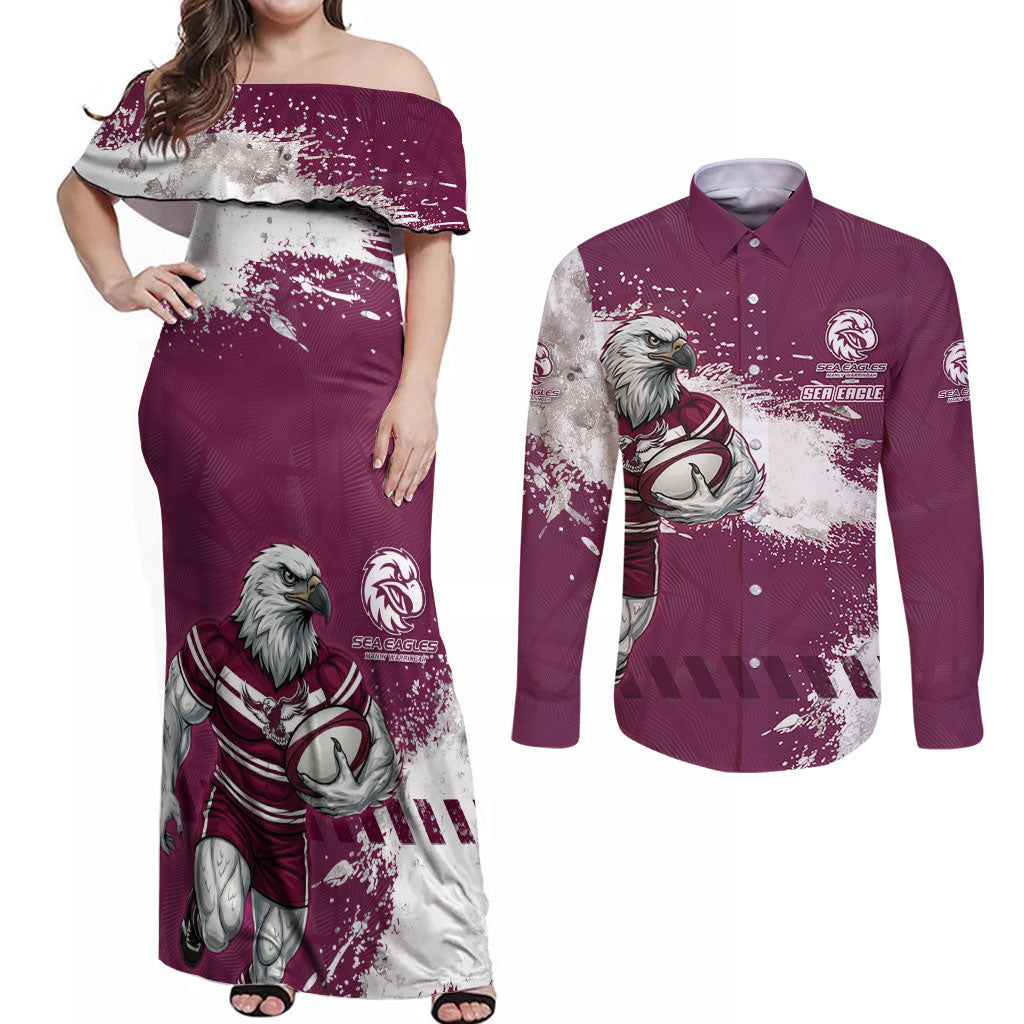 Personalised Manly Warringah Sea Eagles Rugby Couples Matching Off Shoulder Maxi Dress and Long Sleeve Button Shirt MAN Mascot - Sporty Splash Art Style