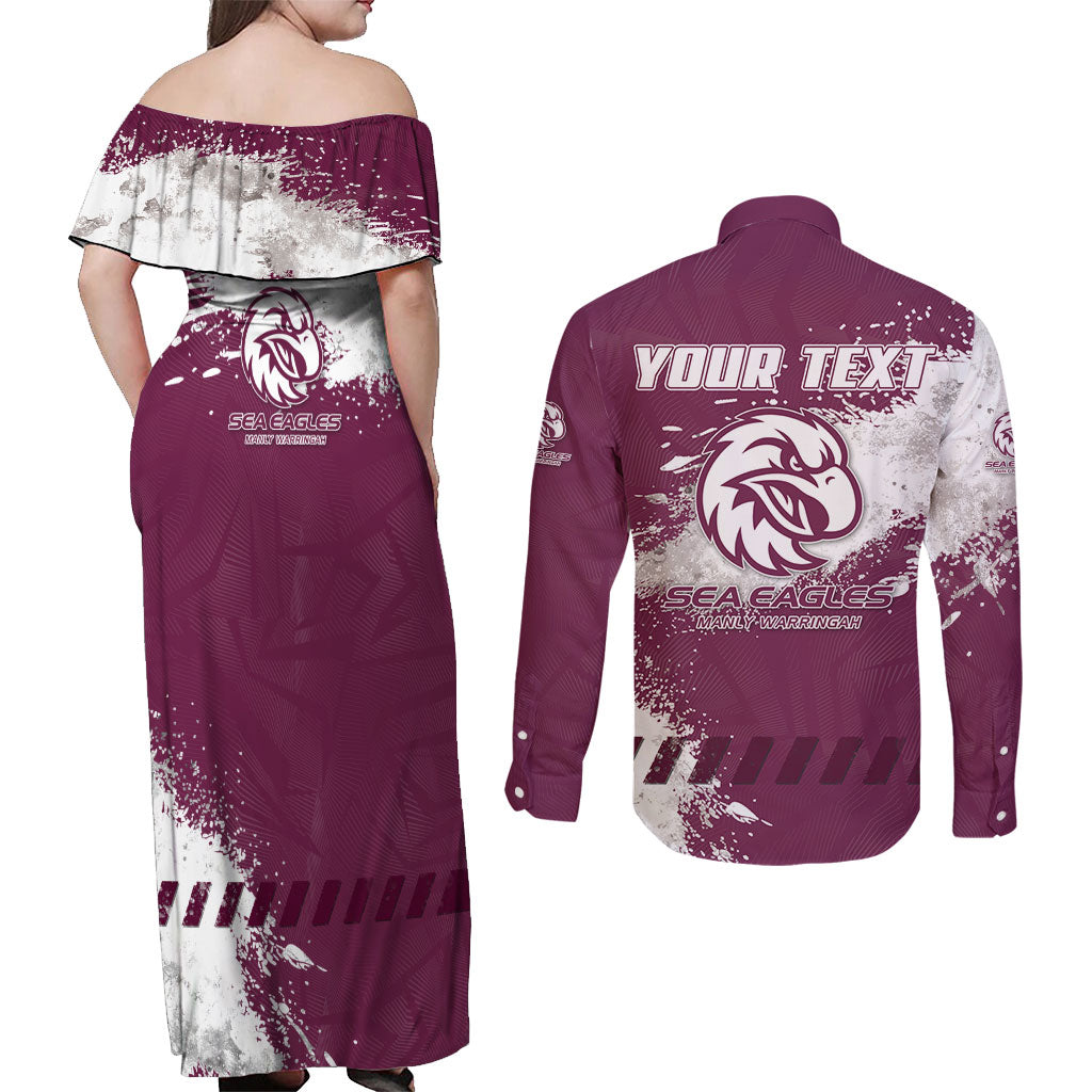 Personalised Manly Warringah Sea Eagles Rugby Couples Matching Off Shoulder Maxi Dress and Long Sleeve Button Shirt MAN Mascot - Sporty Splash Art Style