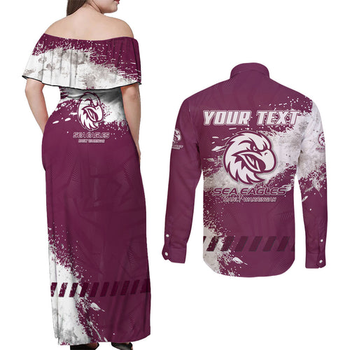 Personalised Manly Warringah Sea Eagles Rugby Couples Matching Off Shoulder Maxi Dress and Long Sleeve Button Shirt MAN Mascot - Sporty Splash Art Style