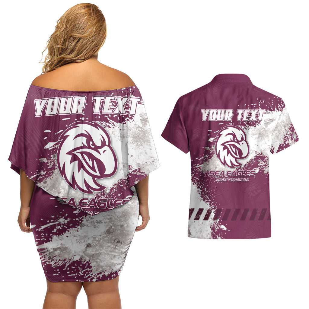 Personalised Manly Warringah Sea Eagles Rugby Couples Matching Off Shoulder Short Dress and Hawaiian Shirt MAN Mascot - Sporty Splash Art Style