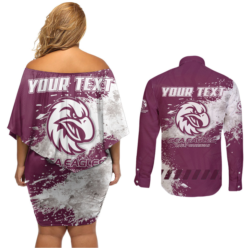 Personalised Manly Warringah Sea Eagles Rugby Couples Matching Off Shoulder Short Dress and Long Sleeve Button Shirt MAN Mascot - Sporty Splash Art Style