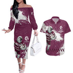Personalised Manly Warringah Sea Eagles Rugby Couples Matching Off The Shoulder Long Sleeve Dress and Hawaiian Shirt MAN Mascot - Sporty Splash Art Style