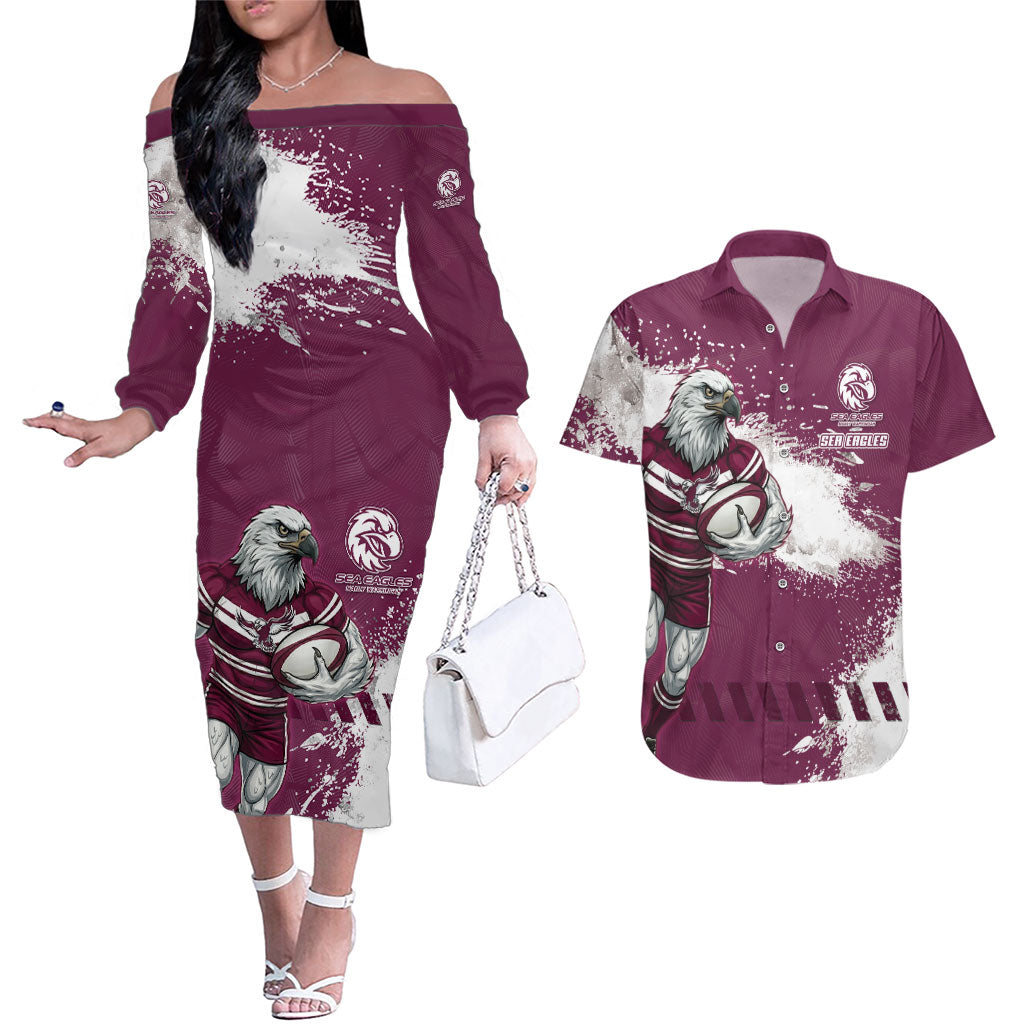Personalised Manly Warringah Sea Eagles Rugby Couples Matching Off The Shoulder Long Sleeve Dress and Hawaiian Shirt MAN Mascot - Sporty Splash Art Style