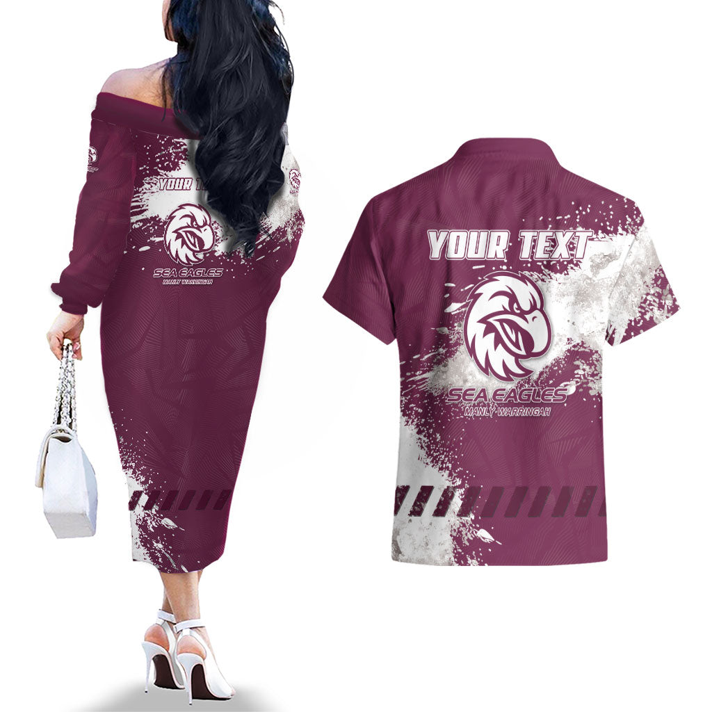 Personalised Manly Warringah Sea Eagles Rugby Couples Matching Off The Shoulder Long Sleeve Dress and Hawaiian Shirt MAN Mascot - Sporty Splash Art Style