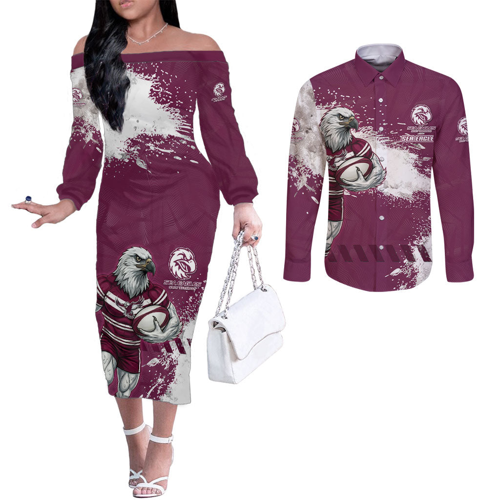 Personalised Manly Warringah Sea Eagles Rugby Couples Matching Off The Shoulder Long Sleeve Dress and Long Sleeve Button Shirt MAN Mascot - Sporty Splash Art Style