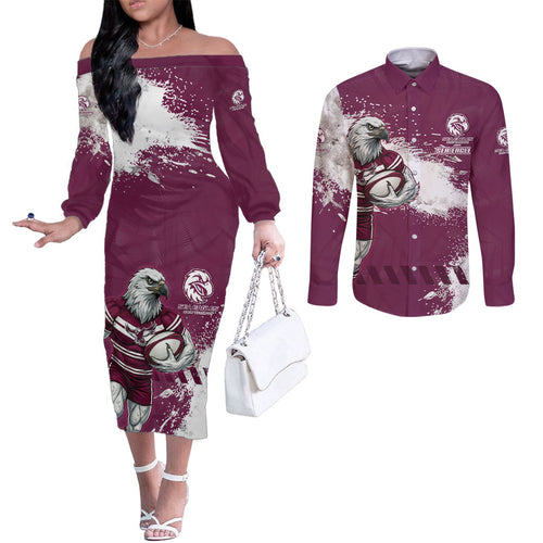 Personalised Manly Warringah Sea Eagles Rugby Couples Matching Off The Shoulder Long Sleeve Dress and Long Sleeve Button Shirt MAN Mascot - Sporty Splash Art Style