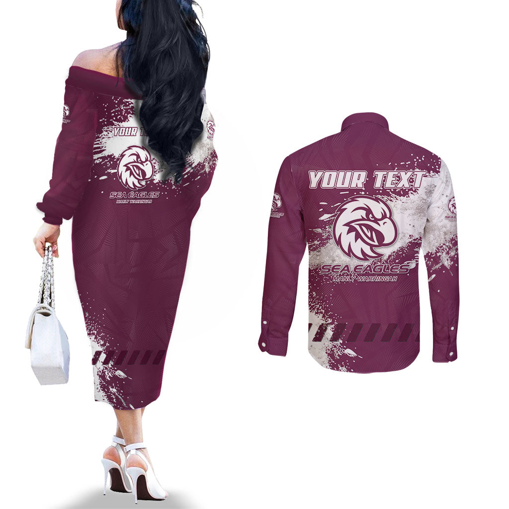 Personalised Manly Warringah Sea Eagles Rugby Couples Matching Off The Shoulder Long Sleeve Dress and Long Sleeve Button Shirt MAN Mascot - Sporty Splash Art Style