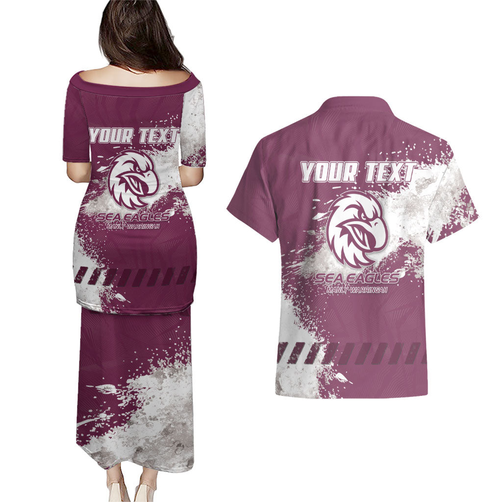 Personalised Manly Warringah Sea Eagles Rugby Couples Matching Puletasi and Hawaiian Shirt MAN Mascot - Sporty Splash Art Style