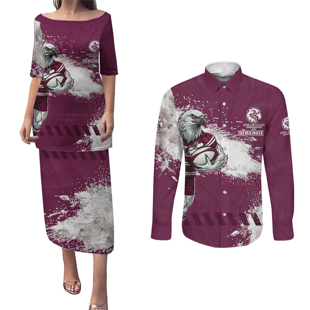 Personalised Manly Warringah Sea Eagles Rugby Couples Matching Puletasi and Long Sleeve Button Shirt MAN Mascot - Sporty Splash Art Style