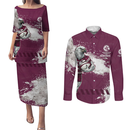 Personalised Manly Warringah Sea Eagles Rugby Couples Matching Puletasi and Long Sleeve Button Shirt MAN Mascot - Sporty Splash Art Style