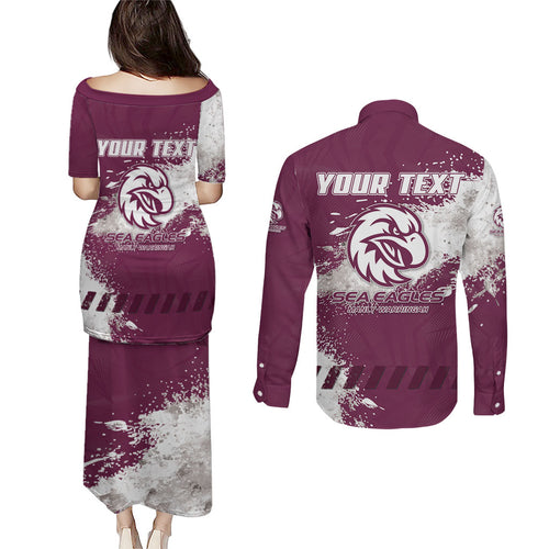 Personalised Manly Warringah Sea Eagles Rugby Couples Matching Puletasi and Long Sleeve Button Shirt MAN Mascot - Sporty Splash Art Style