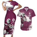 Personalised Manly Warringah Sea Eagles Rugby Couples Matching Short Sleeve Bodycon Dress and Hawaiian Shirt MAN Mascot - Sporty Splash Art Style